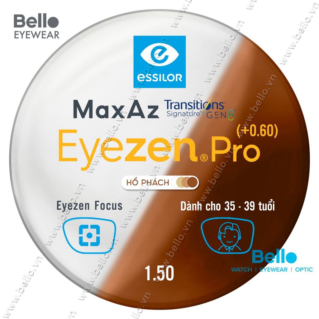  Tròng Kính Chống Mỏi Đổi Màu Essilor Eyezen Pro Gen 8 Hổ Phách cho người 35 đến 39 tuổi 