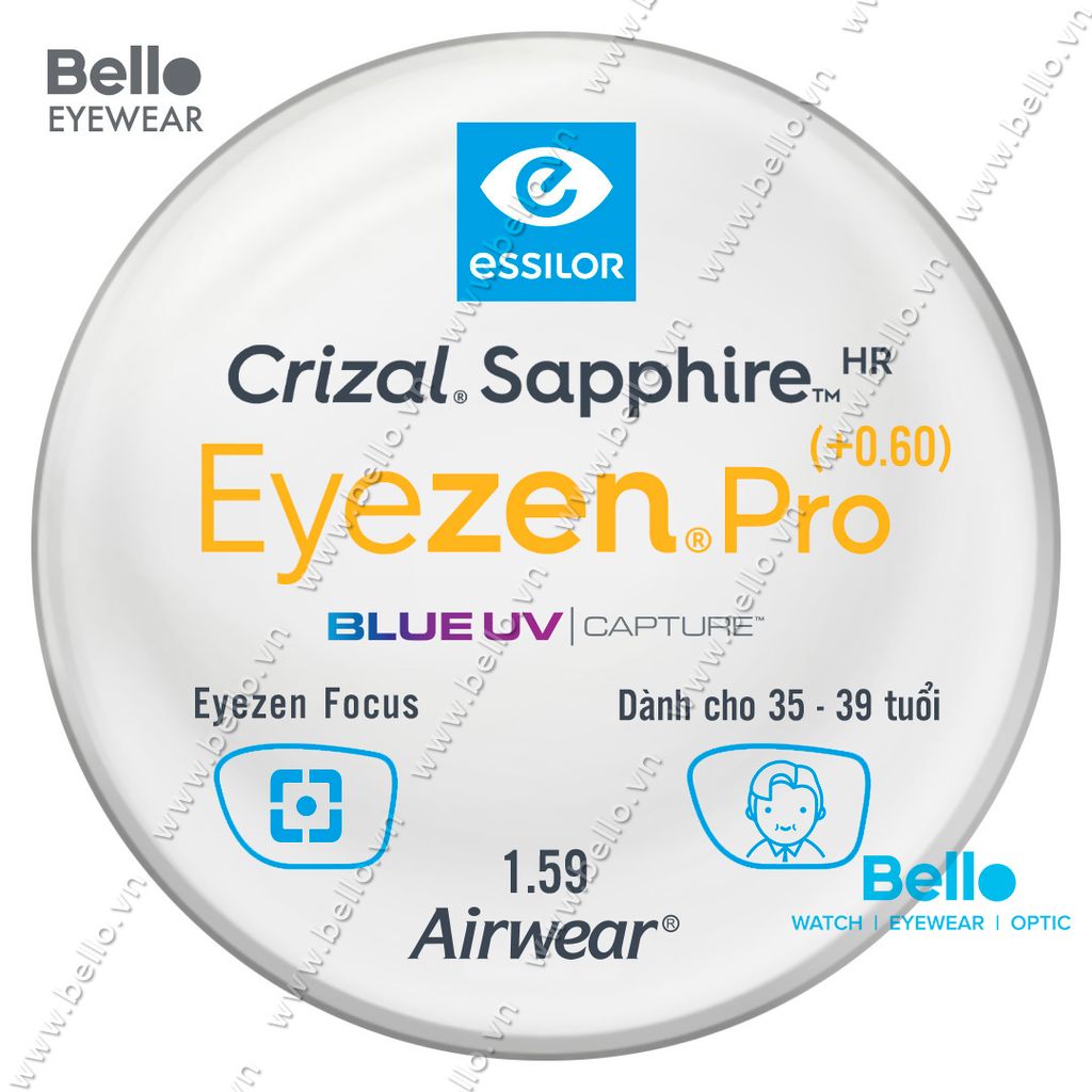  Tròng Kính Chống Mỏi Essilor Eyezen Pro (+0.6) BlueUV Capture cho người 35 đến 39 tuổi 