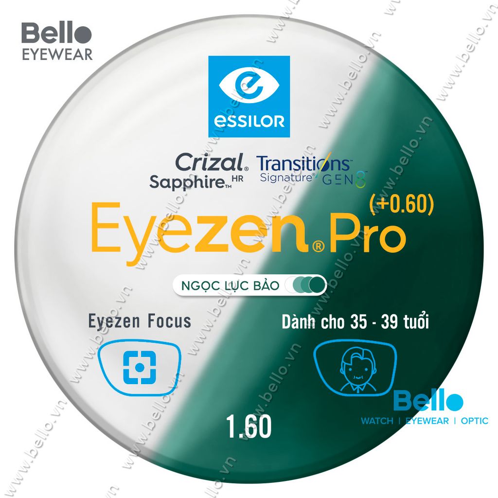  Tròng Kính Chống Mỏi Đổi Màu Essilor Eyezen Pro Gen 8 Ngọc Lục Bảo cho người 35 đến 39 tuổi 