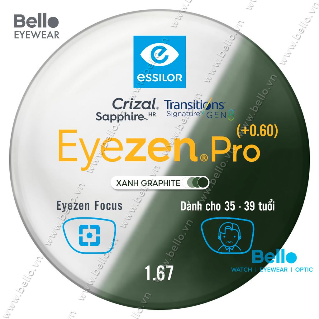  Tròng Kính Chống Mỏi Đổi Màu Essilor Eyezen Pro Gen 8 Xanh Lá cho người 35 đến 39 tuổi 