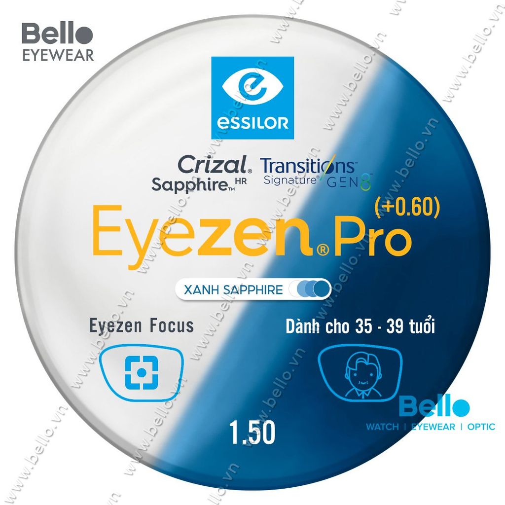  Tròng Kính Chống Mỏi Đổi Màu Essilor Eyezen Pro Gen 8 Xanh Biển cho người 35 đến 39 tuổi 