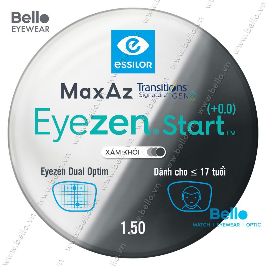  Tròng Kính Chống Mỏi Đổi Màu Essilor Eyezen Start Gen 8 Xám Khói cho người dưới 17 tuổi 