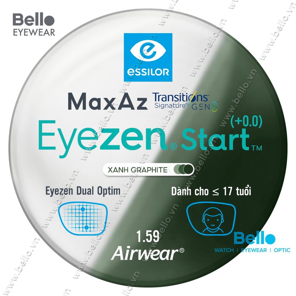  Tròng Kính Chống Mỏi Đổi Màu Essilor Eyezen Start Gen 8 Xanh Lá cho người dưới 17 tuổi 