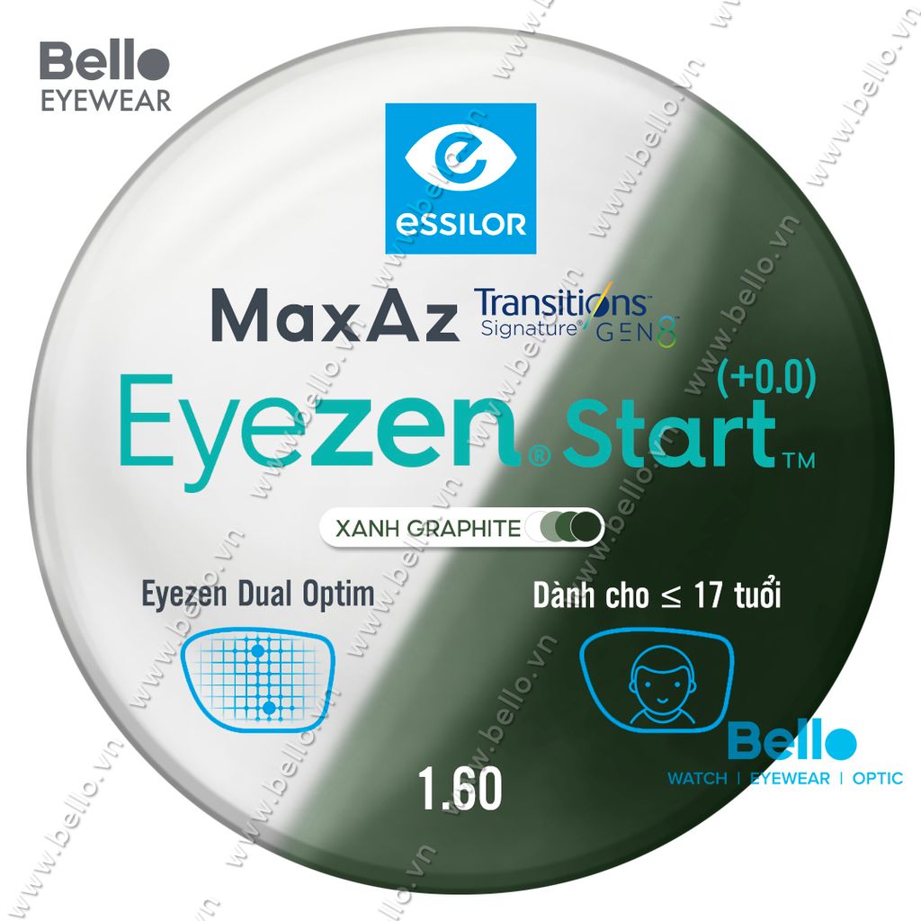  Tròng Kính Chống Mỏi Đổi Màu Essilor Eyezen Start Gen 8 Xanh Lá cho người dưới 17 tuổi 