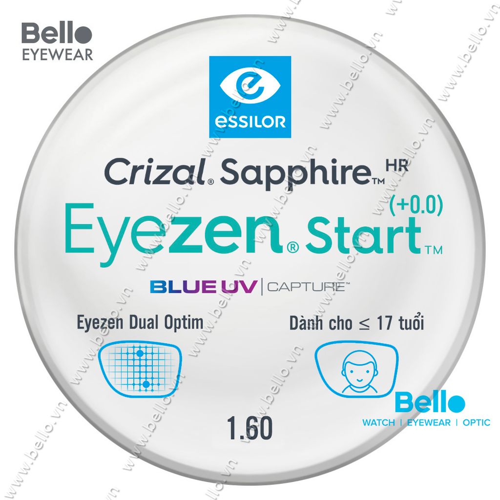  Tròng Kính Chống Mỏi Essilor Eyezen Start (+0.0) BlueUV Capture cho người dưới 17 tuổi 