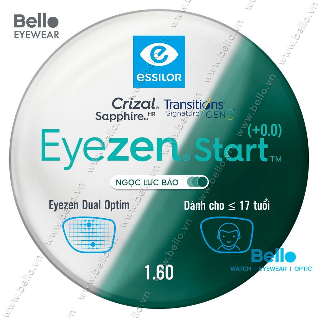  Tròng Kính Chống Mỏi Đổi Màu Essilor Eyezen Start Gen 8 Ngọc Lục Bảo cho người dưới 17 tuổi 