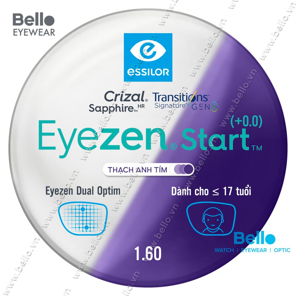  Tròng Kính Chống Mỏi Đổi Màu Essilor Eyezen Plus Gen 8 Thạch Anh Tím cho người 18 đến 34 tuổi 