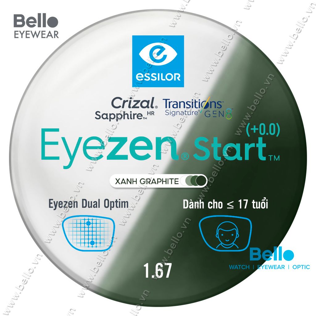  Tròng Kính Chống Mỏi Đổi Màu Essilor Eyezen Start Gen 8 Xanh Lá cho người dưới 17 tuổi 