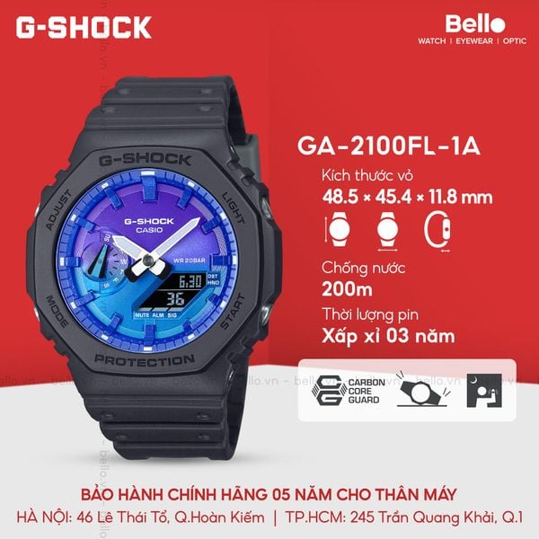  Casio G-Shock GA-2100FL-1A - Uy tín từ 2009, Tem vàng chống giả, Bảo hành 5 năm, Pin miễn phí trọn đời 