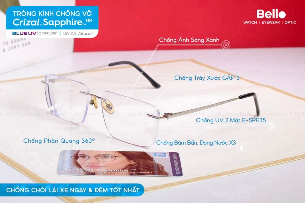  Tròng Kính Chống Chói Lái Xe Chống Vỡ Essilor Crizal Sapphire HR 1.59 