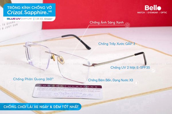  Tròng Kính Chống Chói Lái Xe Chống Vỡ Essilor Crizal Sapphire HR 1.59 