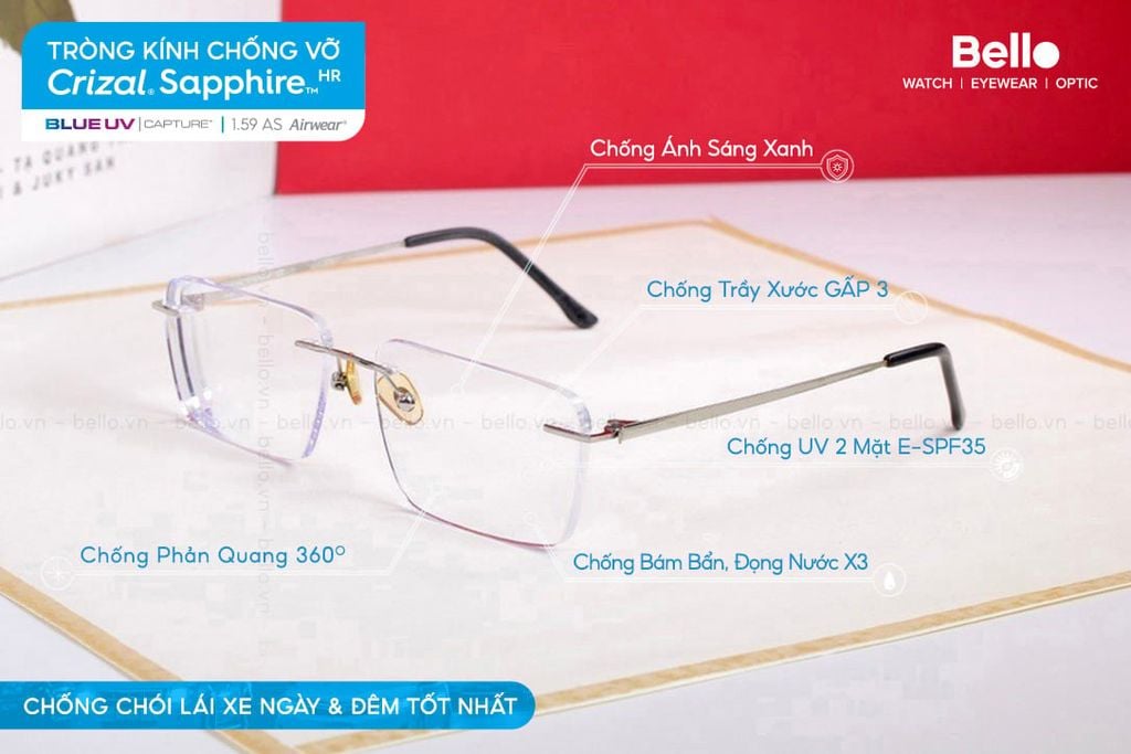  Tròng Kính Chống Chói Lái Xe Chống Vỡ Essilor Crizal Sapphire HR 1.59 