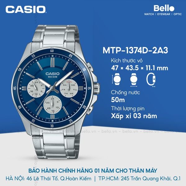  Casio MTP-1374D-2A3 - Uy tín từ 2009, Tem vàng chống giả, Bảo hành 1 năm, Pin miễn phí trọn đời 