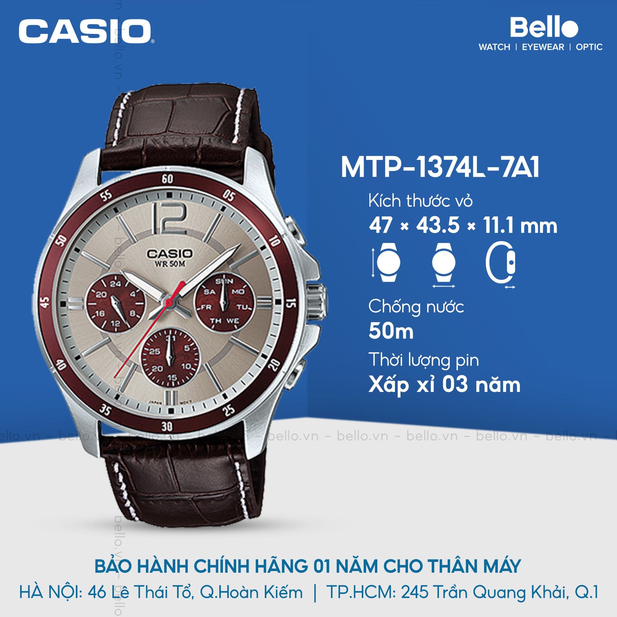Casio MTP-1374L-7A1VDF - Uy tín từ 2009, Tem vàng chống giả, Bảo 