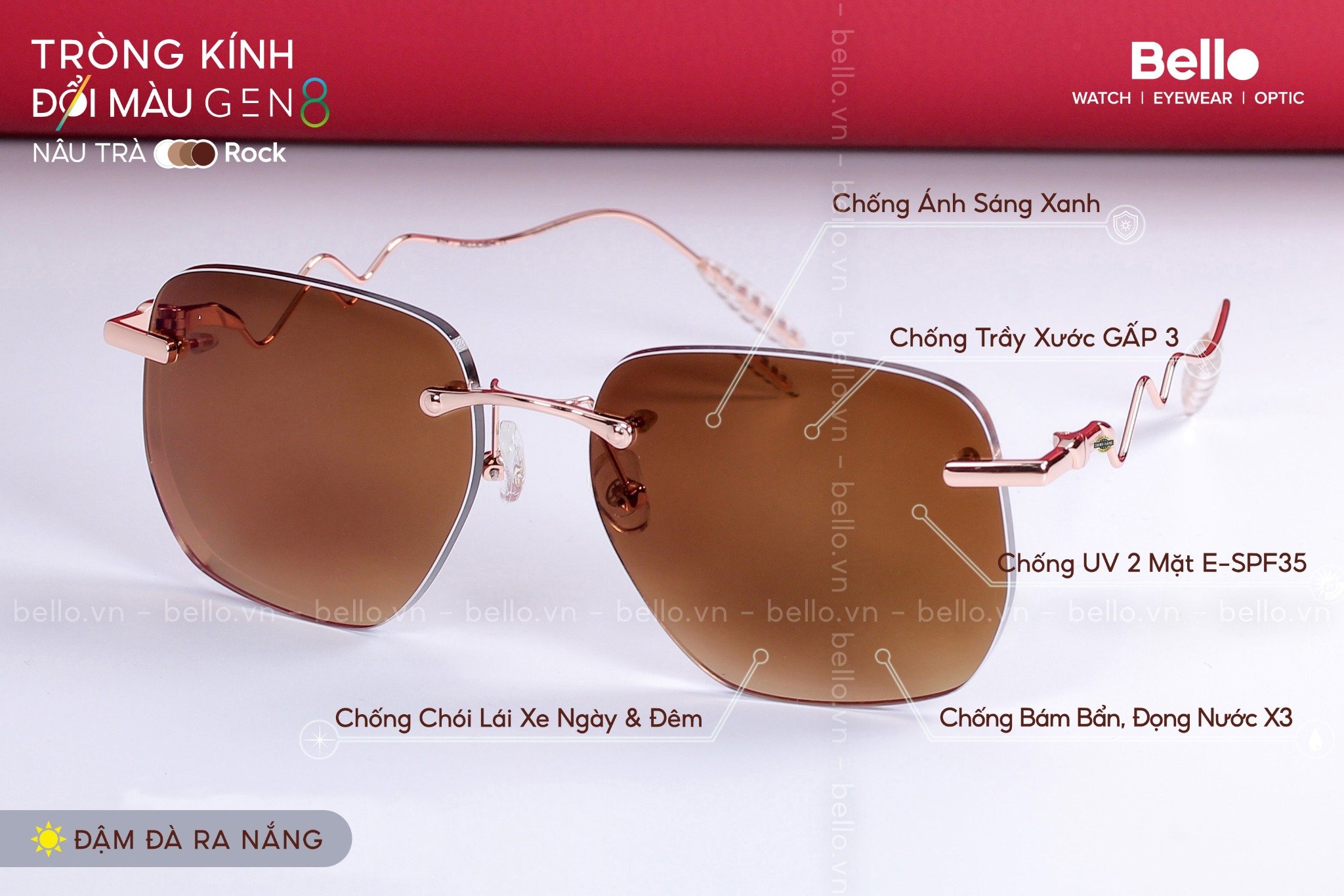 Kính mát Mujosh lắp tròng cận đổi màu Gen 8 Nâu Trà chiết suất 1.59 AS Airwear chống vỡ phủ váng Crizal Rock