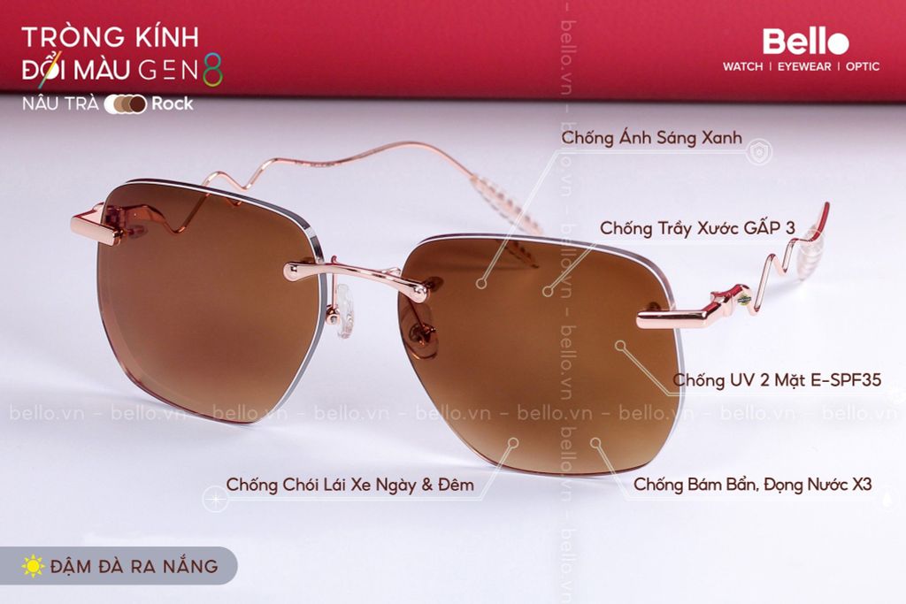  Tròng Kính Đổi Màu Chống Vỡ Essilor Transitions Gen 8 Nâu Trà Brown 