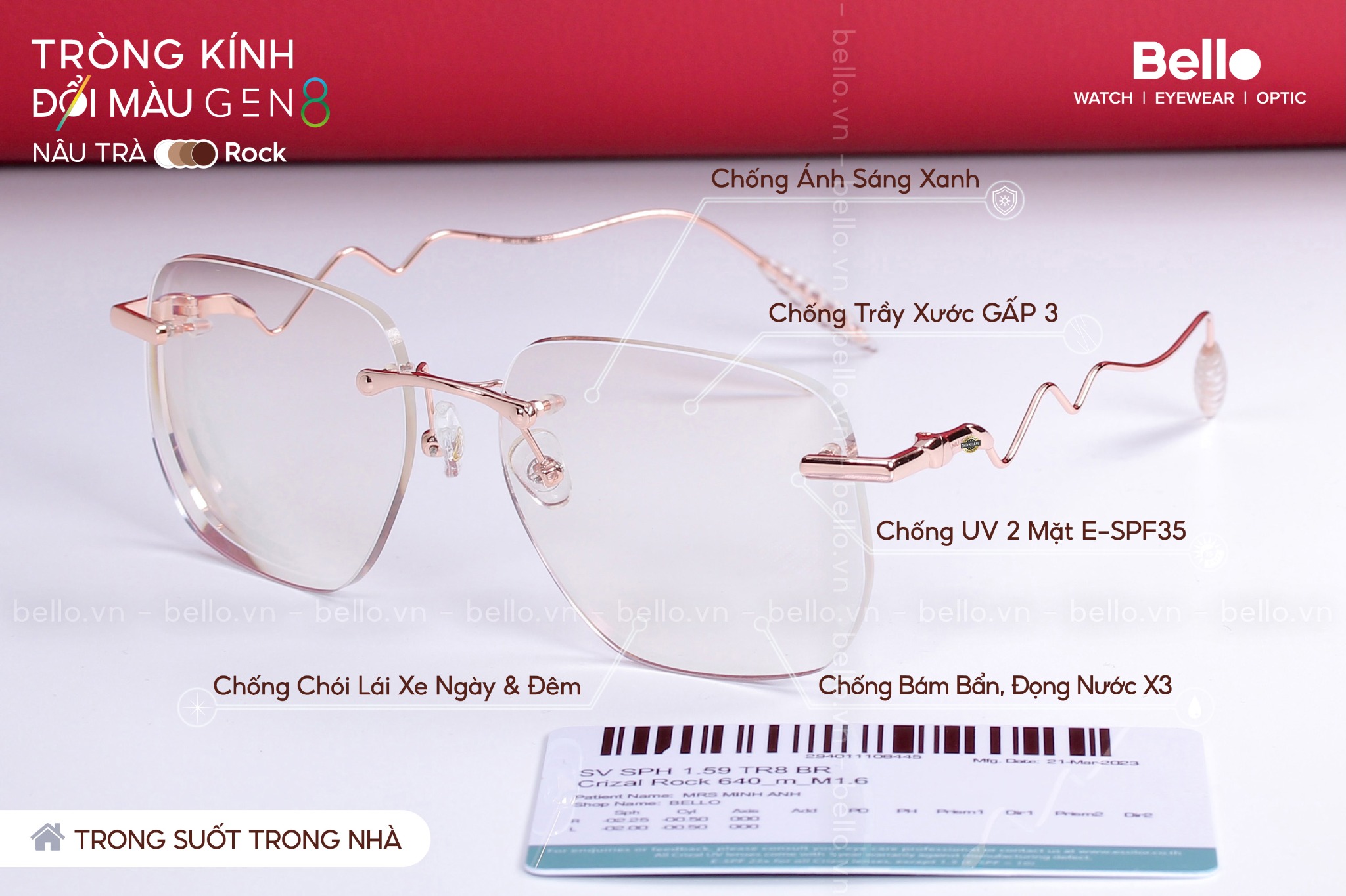 Kính mát Mujosh lắp tròng cận đổi màu Gen 8 Nâu Trà chiết suất 1.59 AS Airwear chống vỡ phủ váng Crizal Rock trong suốt trong nhà