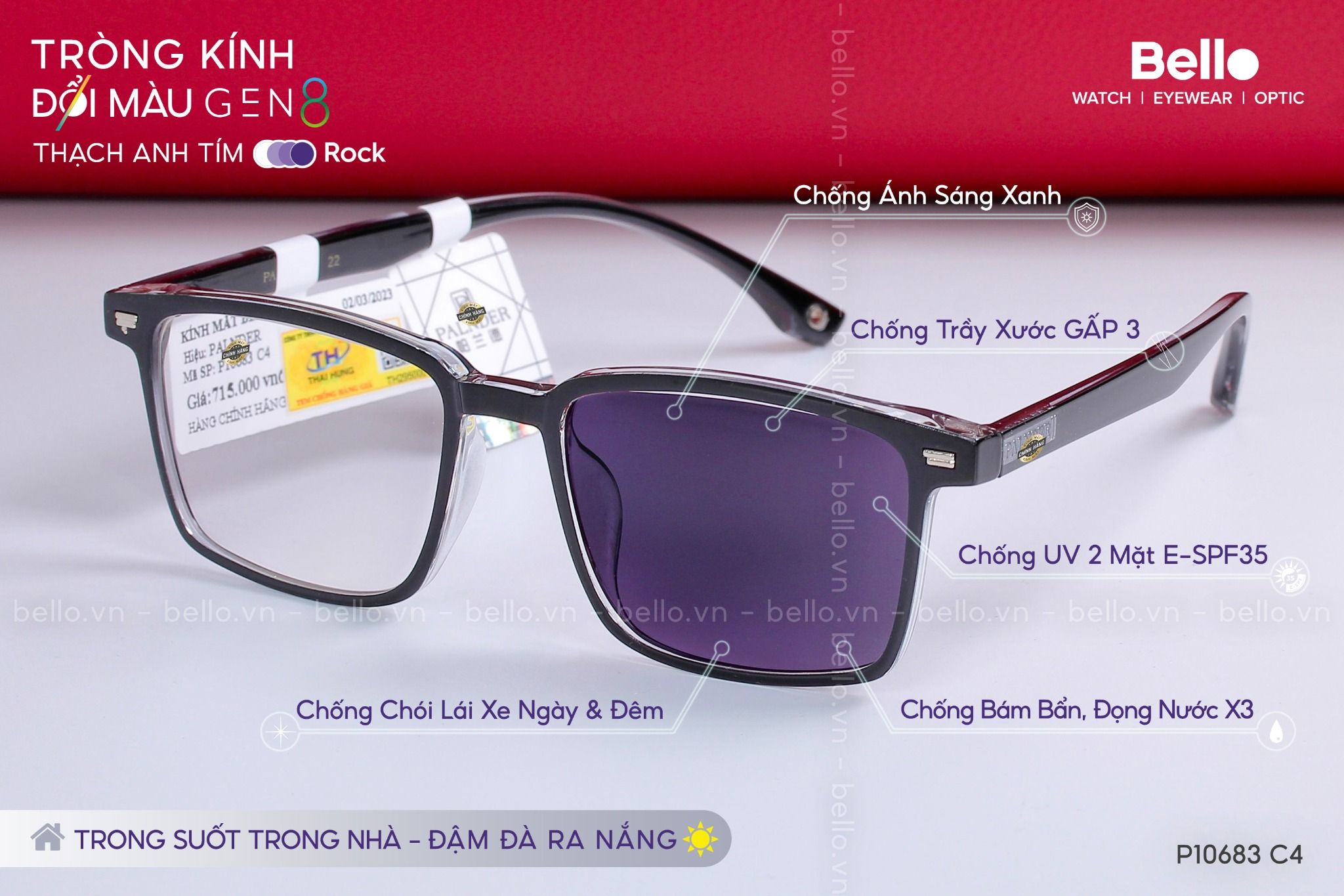  Tròng Kính Đổi Màu Essilor Transitions Gen 8 Thạch Anh Tím Amethyst Purple 