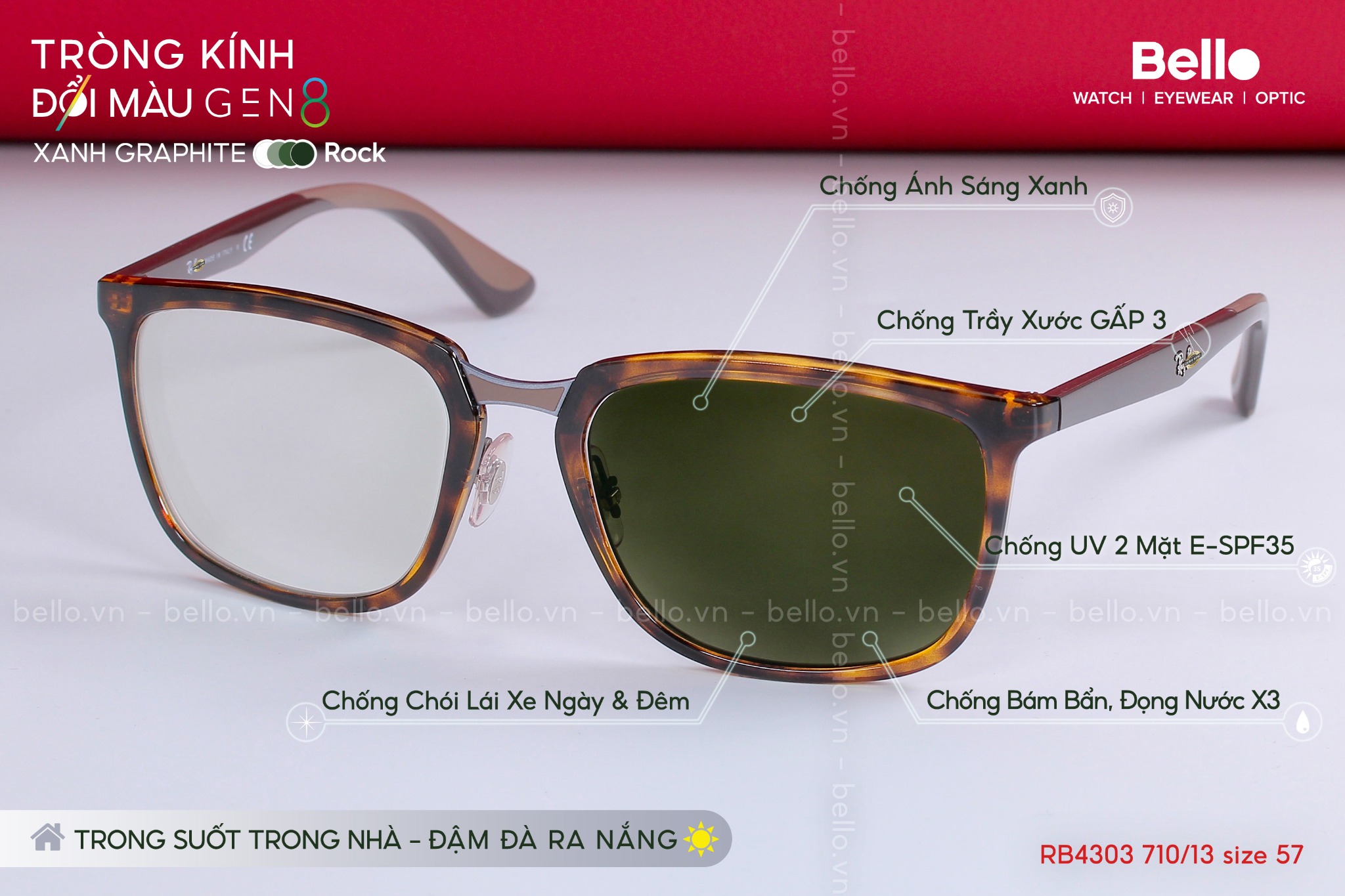 Kính mát Ray-Ban RB4303 710/13 size 57 lắp cận đổi màu gen 8 xanh lá graphite phủ Crizal Rock trong suốt trong nhà đậm đà ra nắng