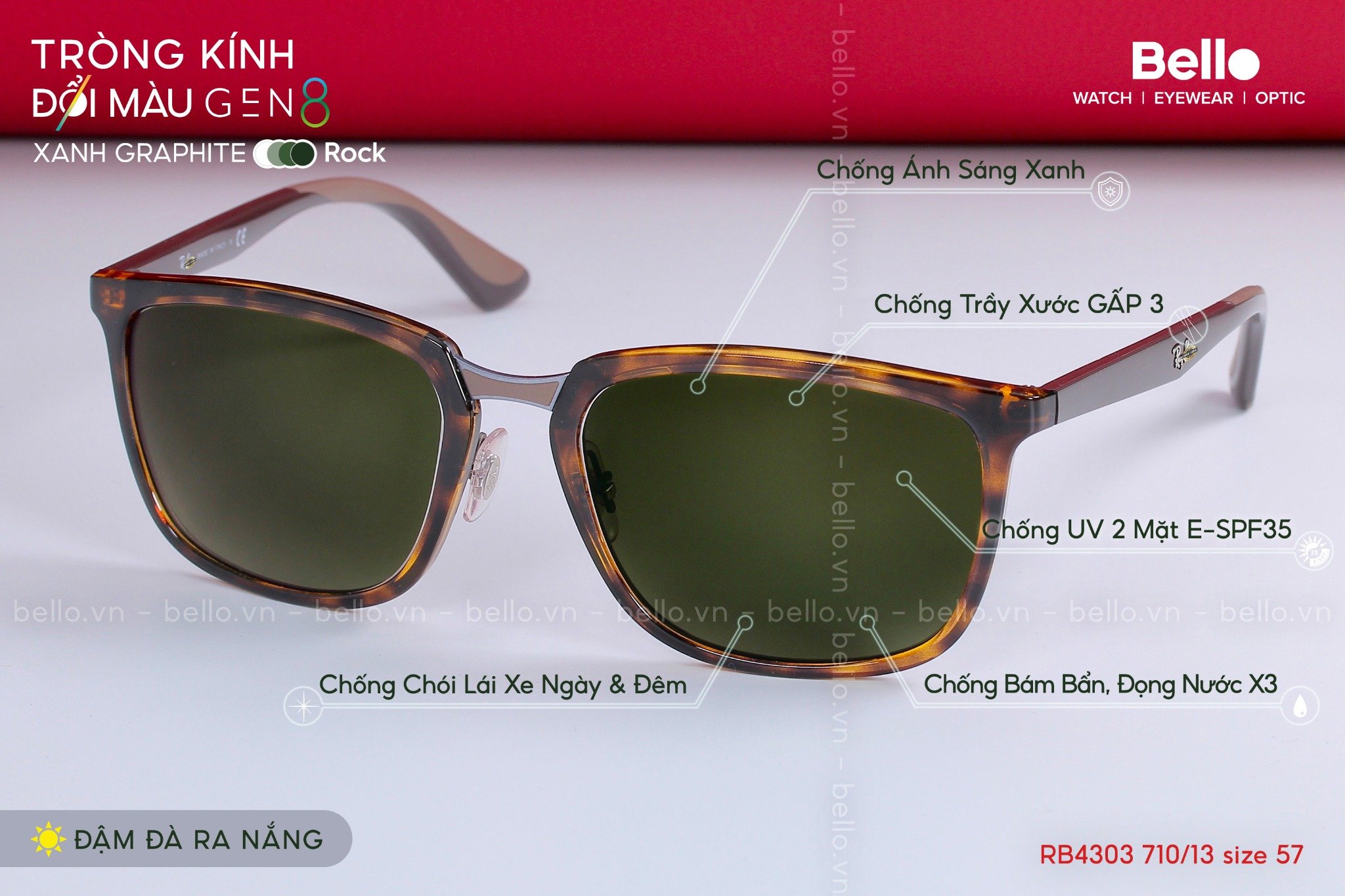 Kính mát Ray-Ban RB4303 710/13 size 57 lắp cận đổi màu gen 8 xanh graphite phủ Crizal Rock  đậm đà ra nắng