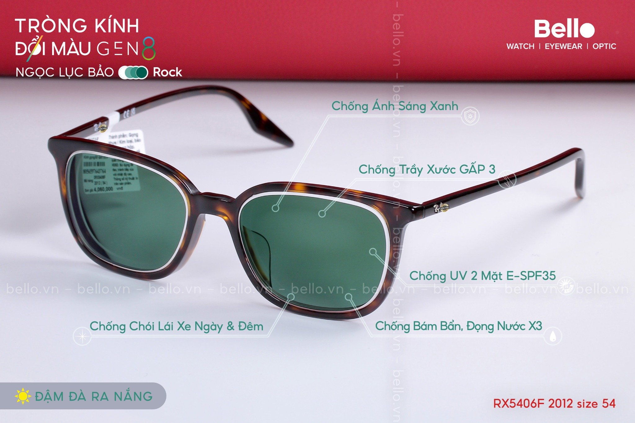 Gọng kính Ray-Ban RX5406F 2012 size 54 lắp cận đổi màu gen 8 ngọc lục bảo phủ Crizal Rock trong suốt trong nhà đậm đà ra nắng