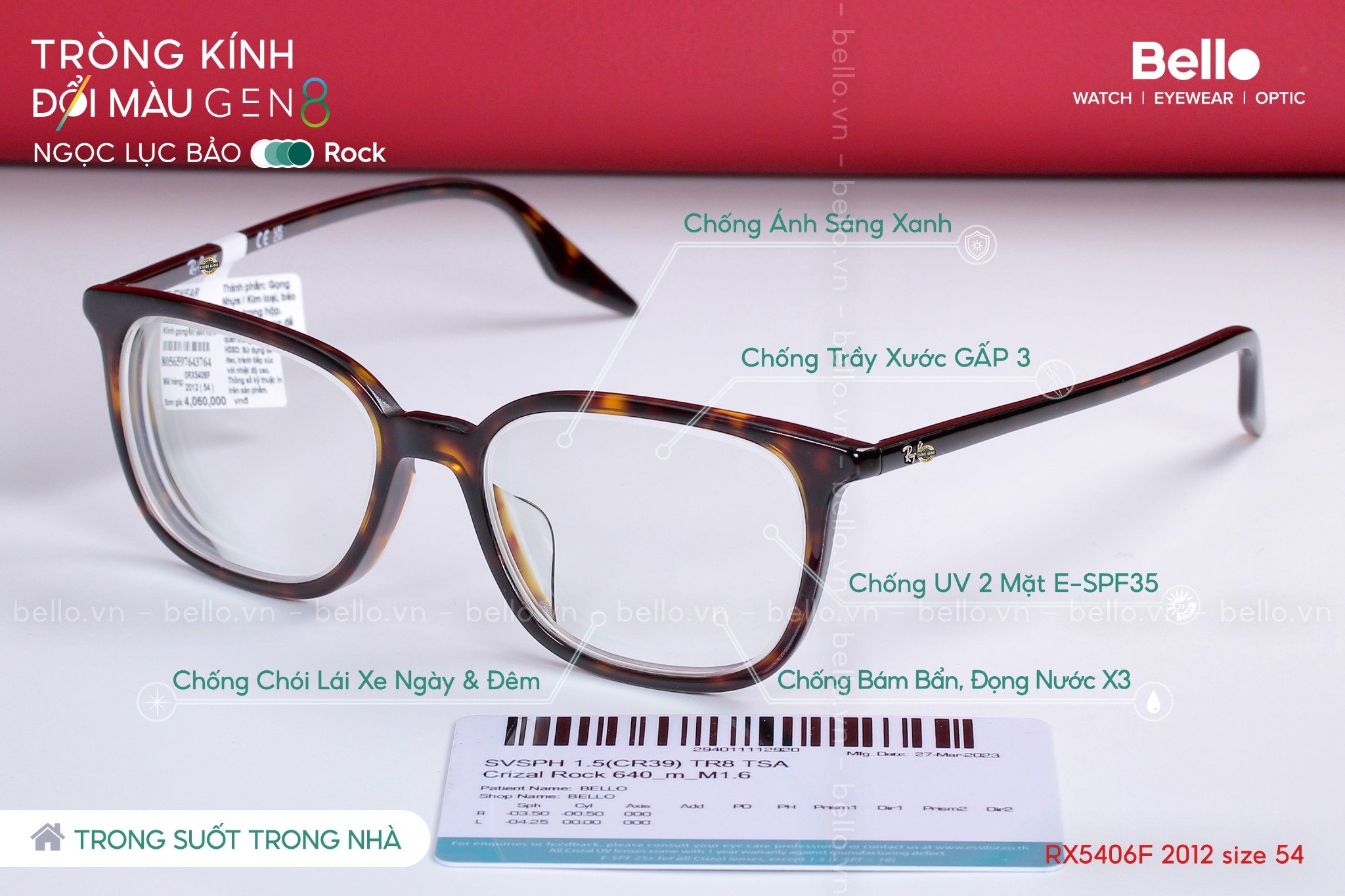 Gọng kính Ray-Ban RX5406F 2012 size 54 lắp cận đổi màu gen 8 ngọc lục bảo phủ Crizal Rock trong suốt trong nhà