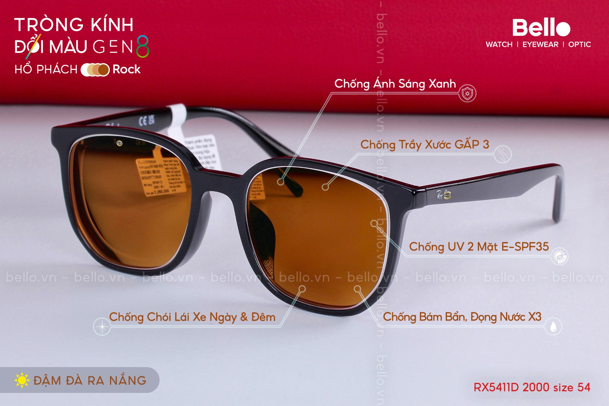 Gọng kính Ray-Ban RX5411D 2000 size 54 lắp cận đổi màu gen 8 hổ phách phủ Crizal Rock đậm đà ra nắng