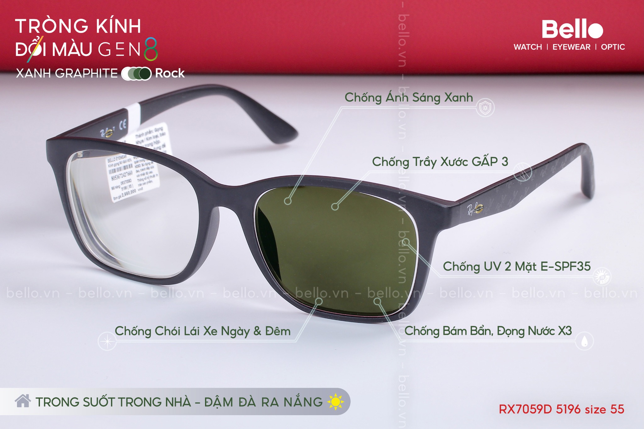 Gọng kính Ray-Ban RX7059D 5196 size 55 lắp cận đổi màu gen 8 xanh graphite trong suốt trong nhà đậm đà ra nắng