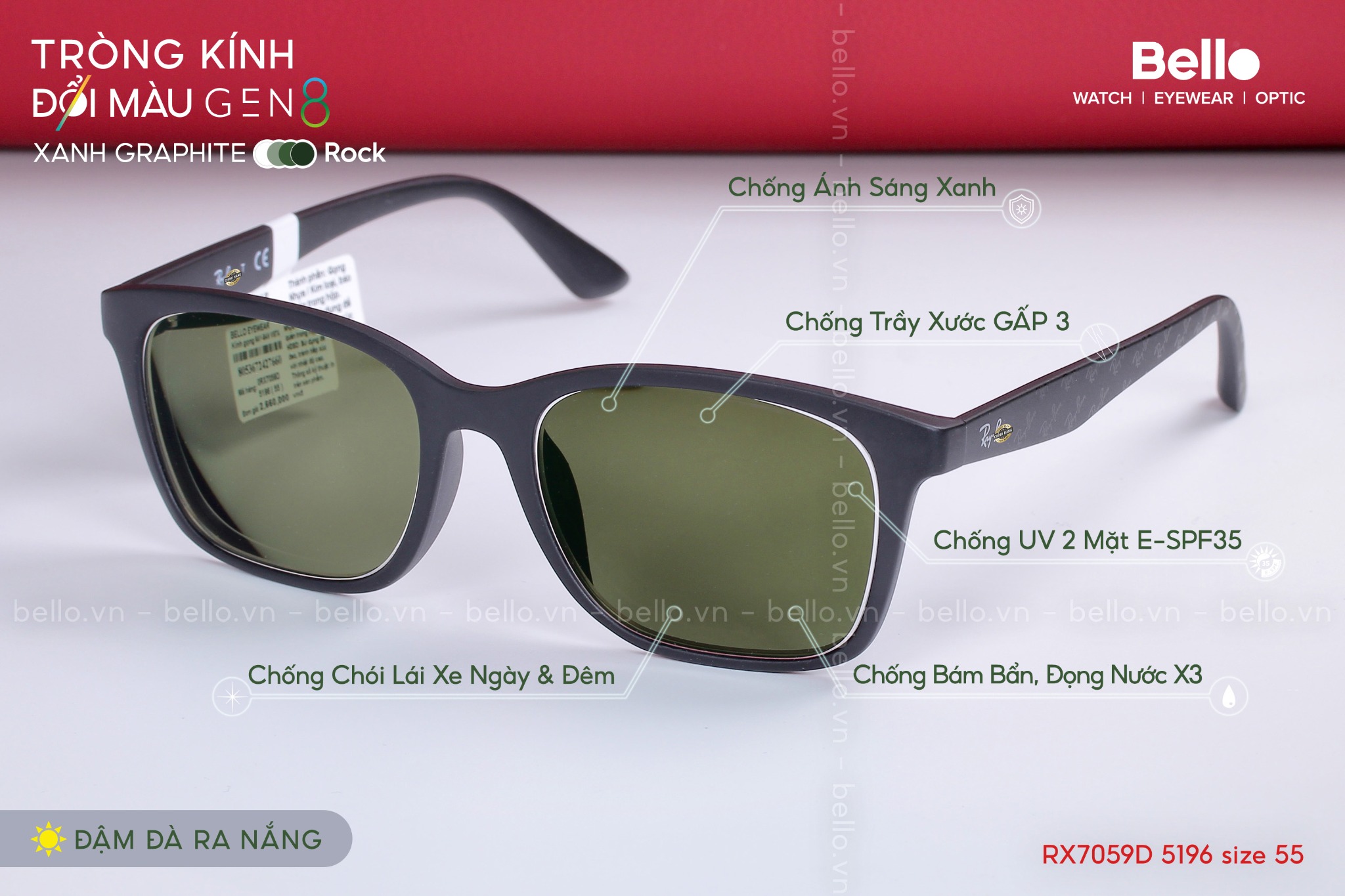 Gọng kính Ray-Ban RX7059D 5196 size 55 lắp cận đổi màu gen 8 xanh graphite đậm đa ra nắng