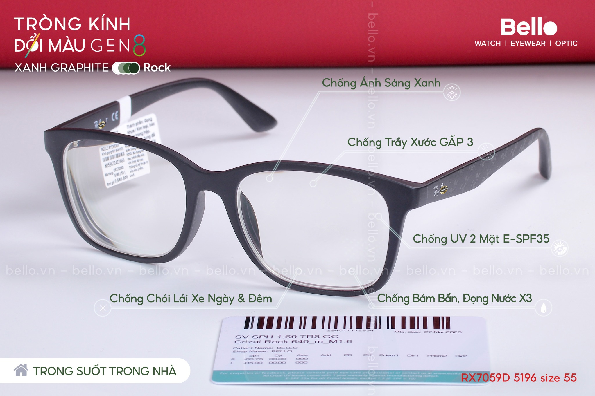 Gọng kính Ray-Ban RX7059D 5196 size 55 lắp cận đổi màu gen 8 xanh graphite trong suốt trong nhà