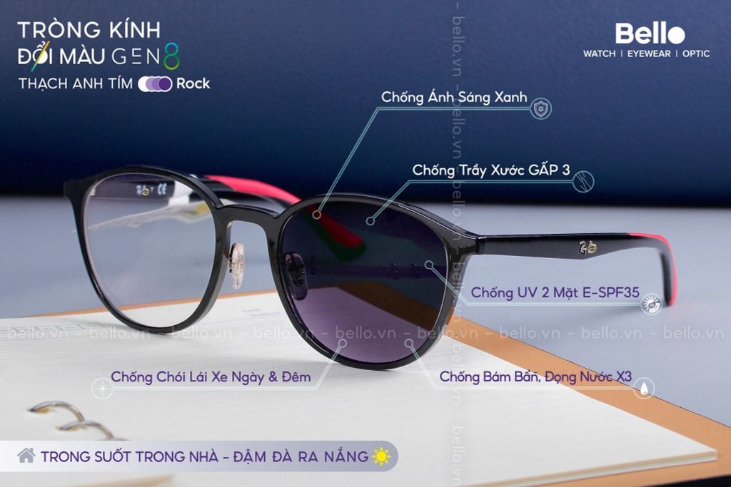  Tròng Kính Đổi Màu Essilor Transitions Gen 8 Thạch Anh Tím Amethyst Purple 