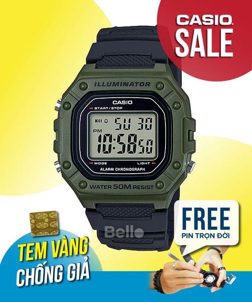  Casio W-218H-3AVDF - Uy tín từ 2009, Tem vàng chống giả, Bảo hành 1 năm, Pin miễn phí trọn đời 