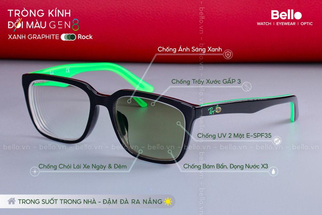  Tròng Kính Đổi Màu Essilor Transitions Gen 8 Xanh Lá Graphite Green 