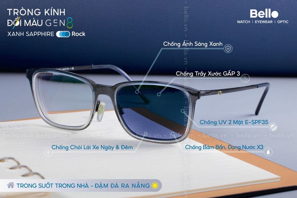  Tròng Kính Đổi Màu Essilor Transitions Gen 8 Xanh Biển Sapphire Blue 