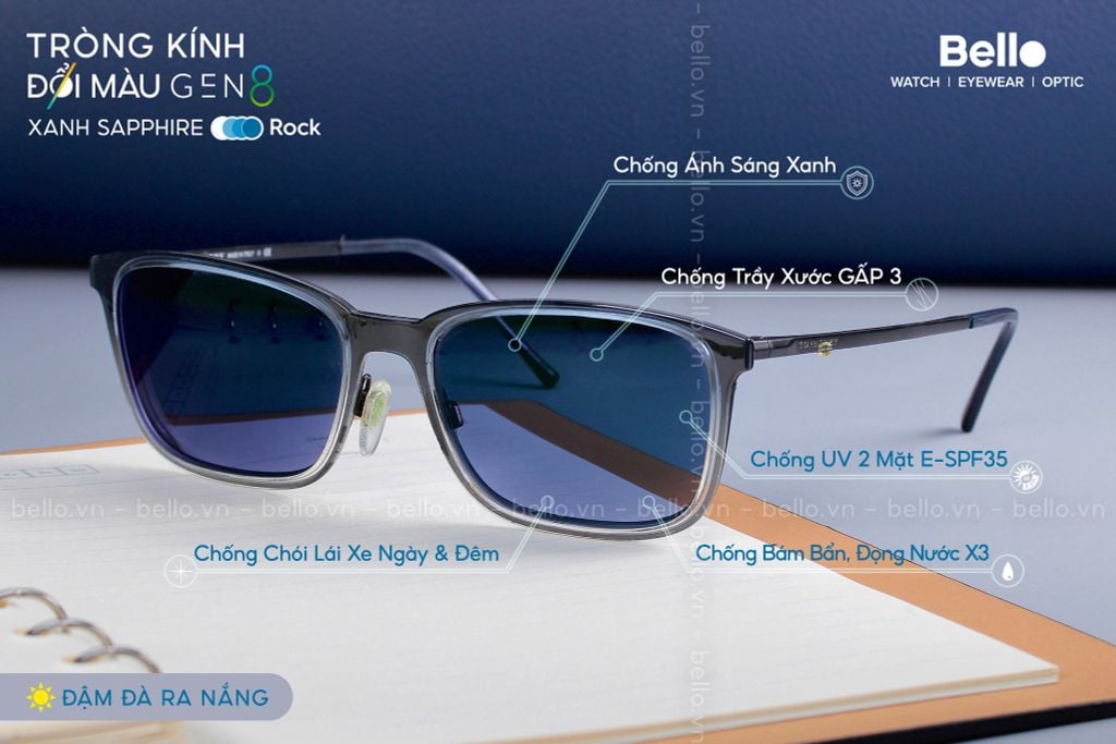  Tròng Kính Đổi Màu Essilor Transitions Gen 8 Xanh Biển Sapphire Blue 