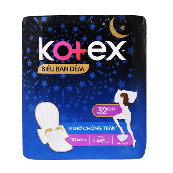 Băng Vệ Sinh Kotex Siêu Ban Đêm 10 Miếng Có Cánh 32Cm