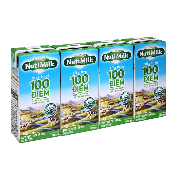 Lốc 4 Sữa Nutimilk 100 Điểm Có Đường 180Ml