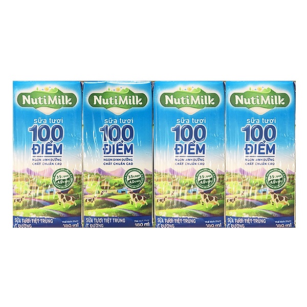 Lốc 4 Sữa Nutimilk 100 Điểm Ít Đường 180Ml