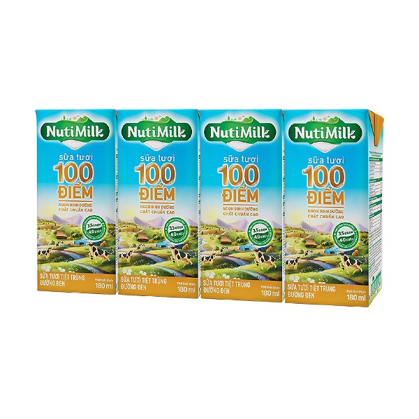 Lốc 4 Sữa Nutimilk 100 Điểm Đường Đen 180Ml