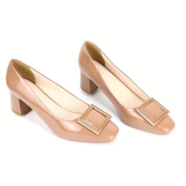 Giày Cao Gót Nữ Mũi Vuông Phối Khóa Da Bóng 6Cm Cillie Màu Nude 1209 (Store 5703)
