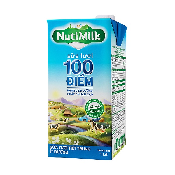 Sữa Tiệt Trùng Nutimilk 100 Điểm Ít Đường 1L
