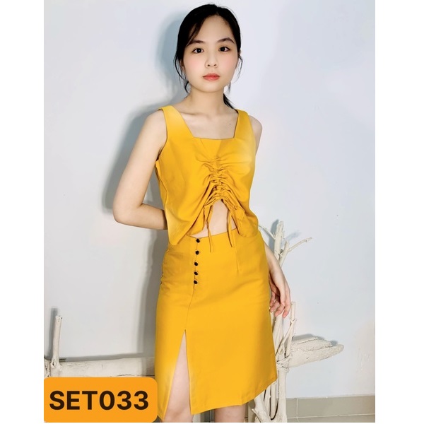 Set Áo Nhún Ngực Váy Xẻ Màu Vàng Shibi Set033 (Store 5703)