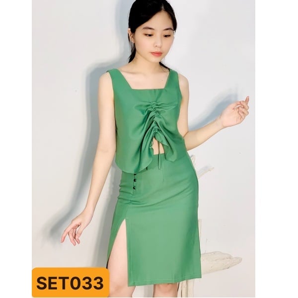 Set Áo Nhún Ngực Váy Xẻ Màu Xanh Shibi Set033 (Store 5703)