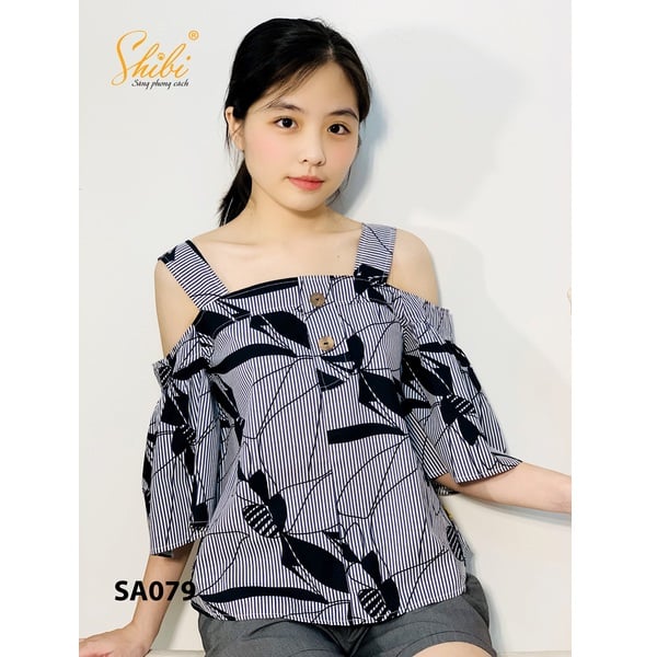 Áo Hở Vai Họa Tiết Lá Màu Sọc Đen Shibi Sa079Ae (Store 5703)