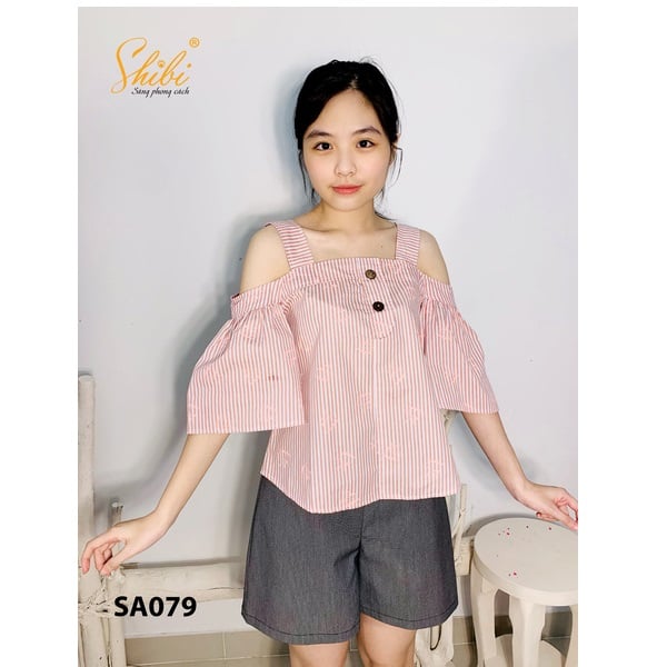 Áo Hở Vai Họa Tiết Nơ Màu Sọc Hồng Shibi Sa079Ae (Store 5703)