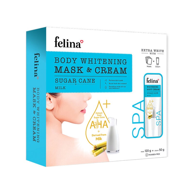 Combo Mặt Nạ Ủ Trắng Tinh Chất Sữa Felina Body Whitening Mask Sugar Cane & Milk 120G + Kem Ủ Trắng Tinh Chất Sữa Felina Body Whitening Cream Sugar Cane & Milk 50G