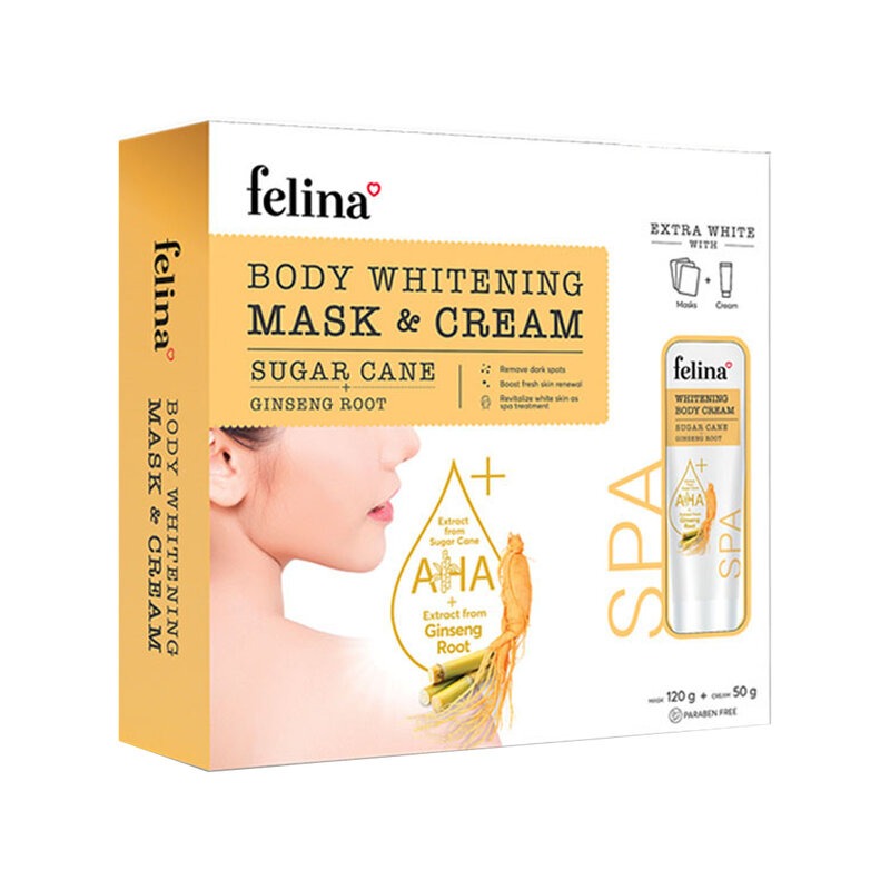 Combo Mặt Nạ Ủ Trắng Chiết Xuất Nhân Sâm Felina Body Whitening Mask Sugar Cane & Ginseng Root 120G + Kem Ủ Trắng Chiết Xuất Nhân Sâm Felina Body Whitening Cream Sugar Cane & Ginseng Root 50G