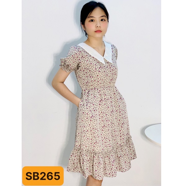 Đầm Phối Lá Cổ V Shibi Màu Kem Bông Tím Sb265Ae (Store 5703)