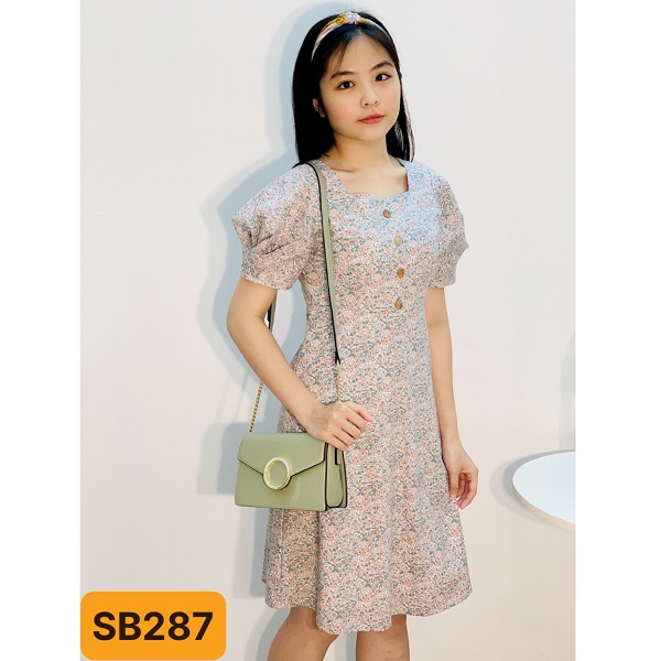 Đầm Tay Xếp Phối Nút Trước Shibi Màu Xanh Sb287Ae (Store 5703)