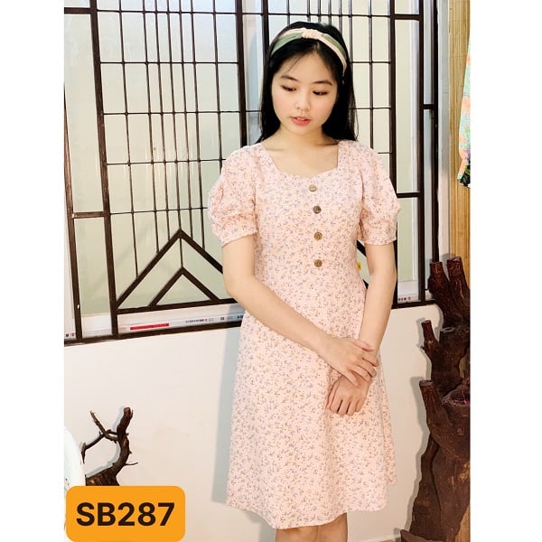 Đầm Tay Xếp Phối Nút Trước Shibi Màu Hồng Sb287Ae (Store 5703)